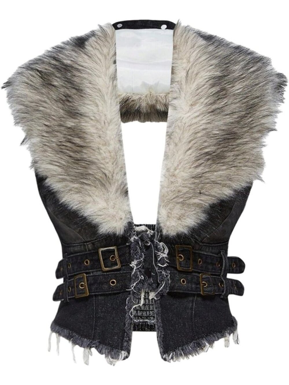 Faux Fur Sleeveless Denim Vest - Y2K Distressed Cropped Top for Winter Outings